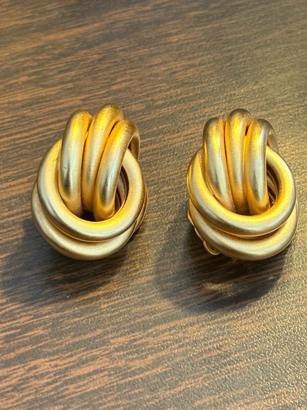 Vintage Gold Tone Knot Clip Earrings Satin Finish Statement Earrings